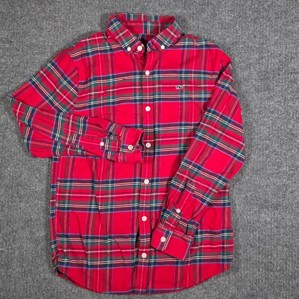 Vineyard Vines Boys Red Tartan Plaid Whale Shirt Button Down Size M 12-14